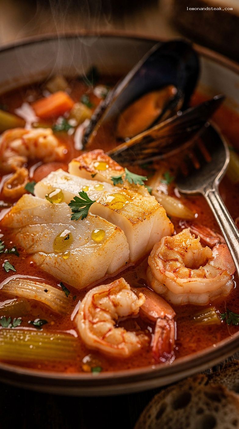 White Fish, Shrimp, and Mussel Tomato Seafood Stew – Closeup