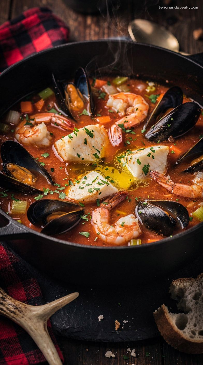 White Fish, Shrimp, and Mussel Tomato Seafood Stew